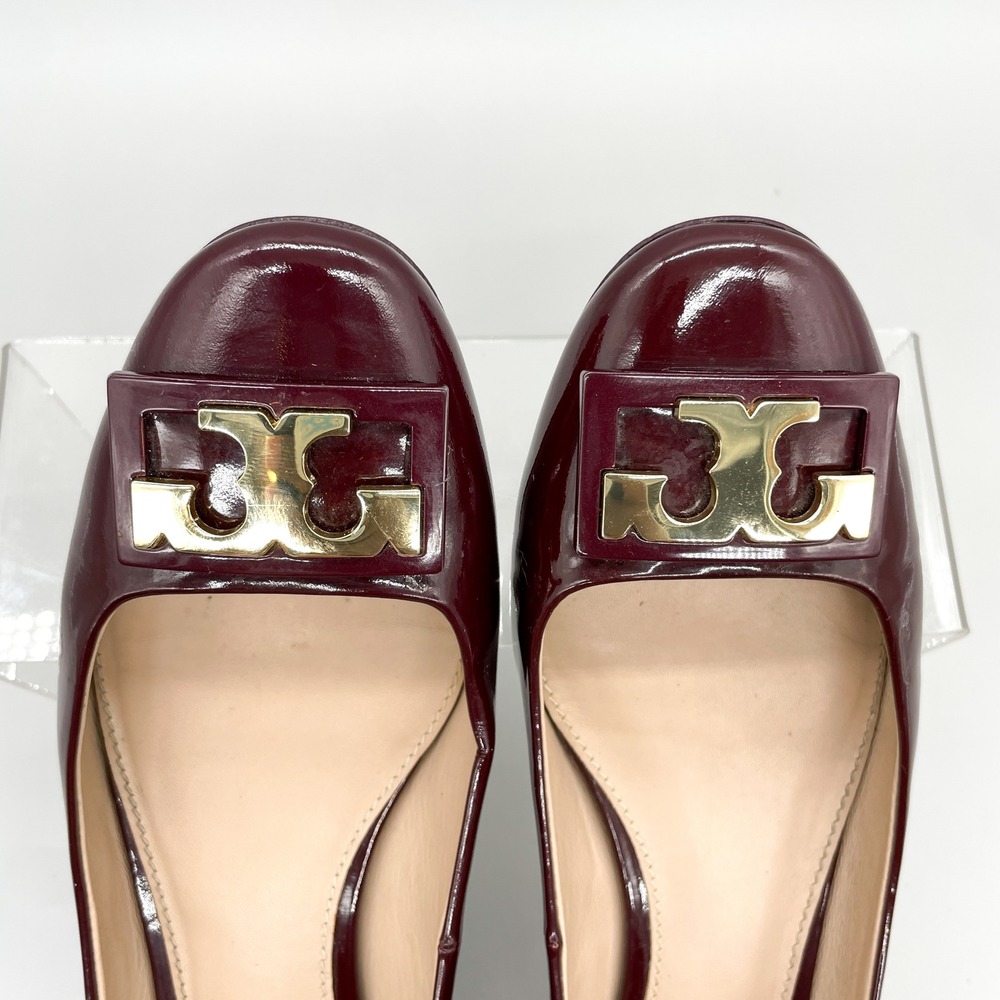 Tory Burch Gigi Pumps Womens 7M Burgundy Patent Leather Low Heel Gold Logo - Picture 8 of 12